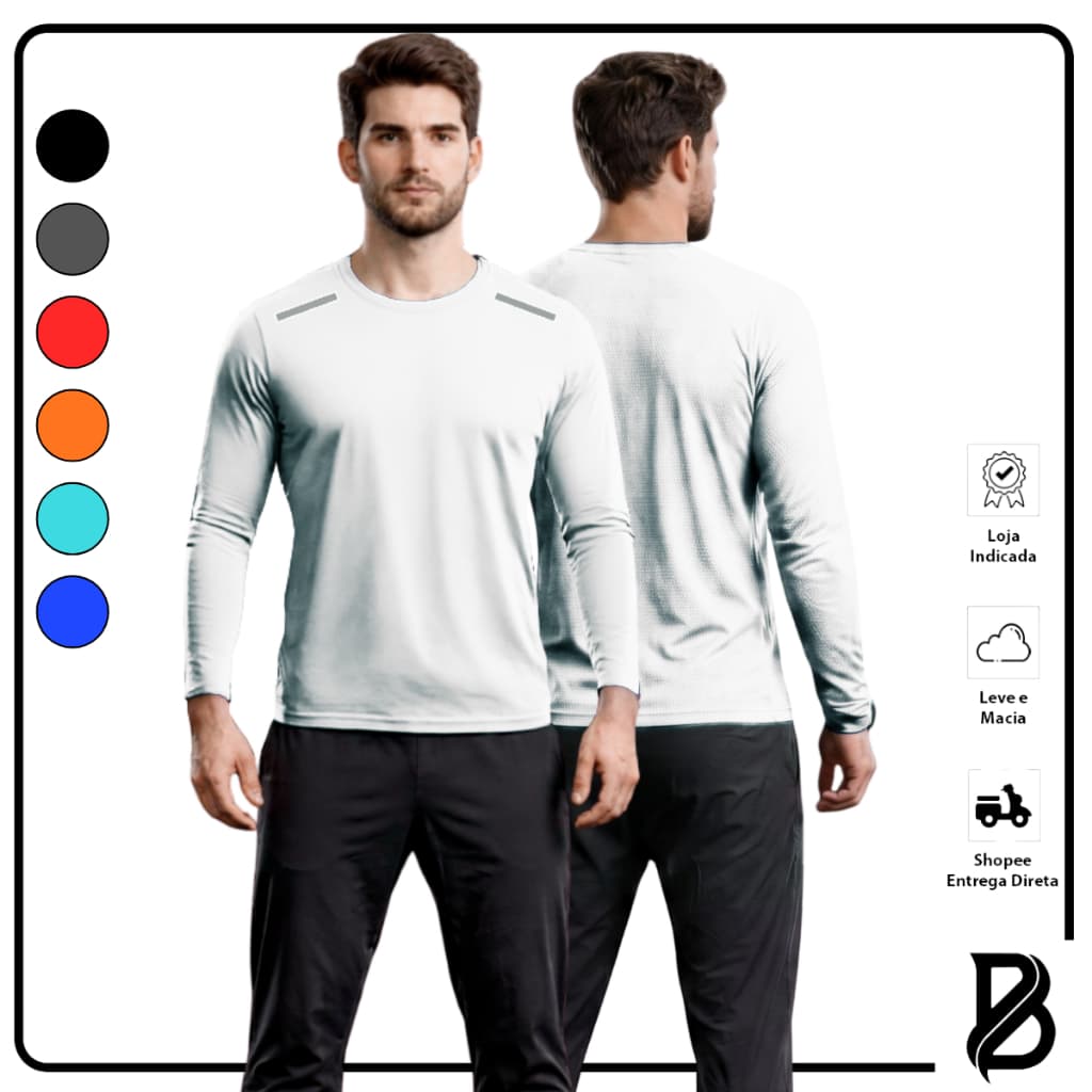 Camiseta Manga Longa DryFitness Masculina Casual  CamisaTreino Academia Esportes Exercícios Corrida