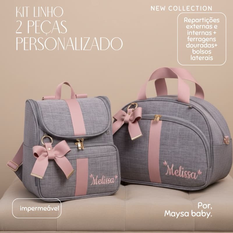 Bolsas maternidade 2 peças em linho, mala e mochila com personalização.