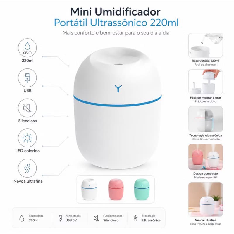 Umidificador De Ar Difusor Ultrassônico Com LED Colorido Aromatizador Para Quarto Sala Bebê Entrega Rápida