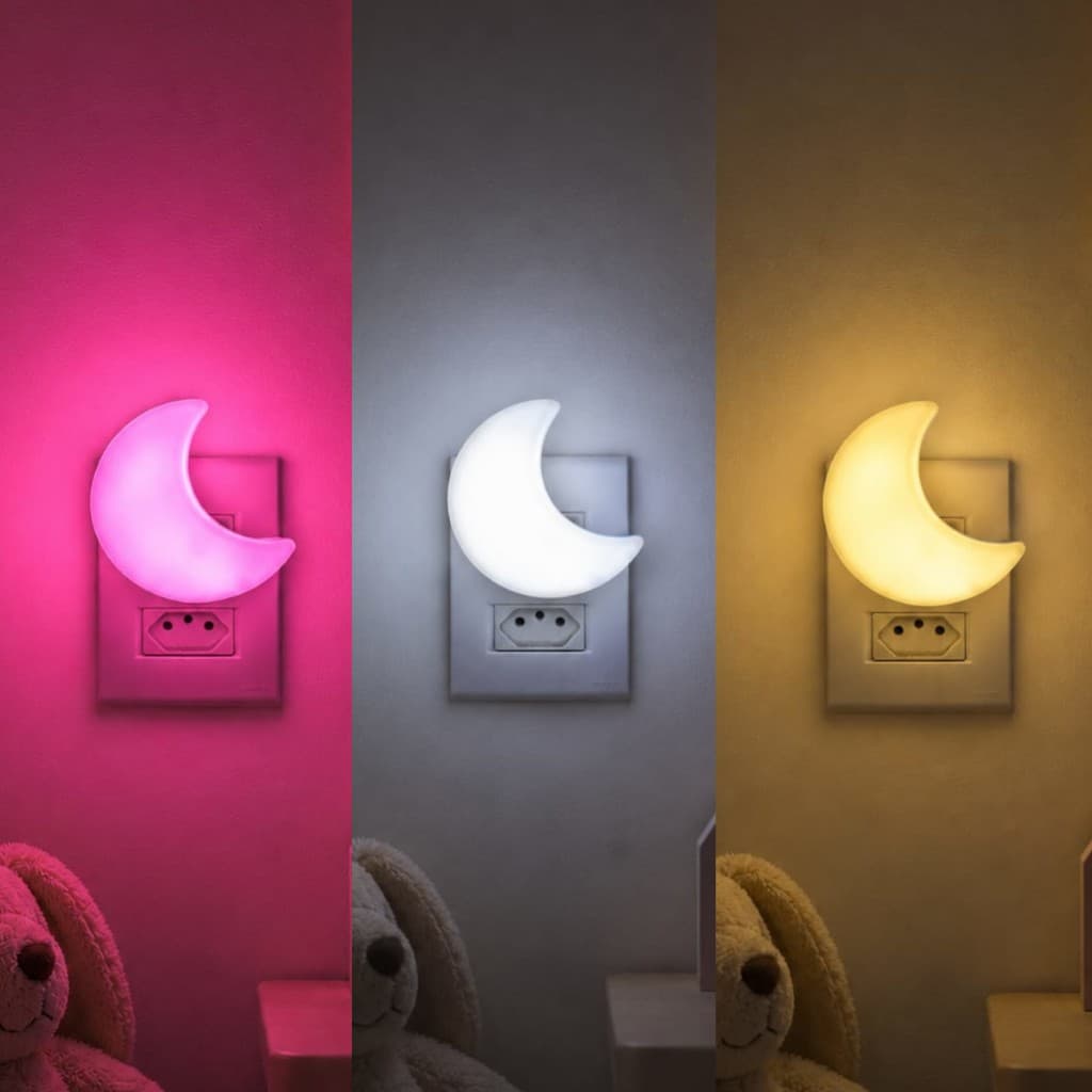 Luminária Decorativa Lua Tomada LED Infantil Bivolt – Luz Suave Para Quarto de Bebê e Criança