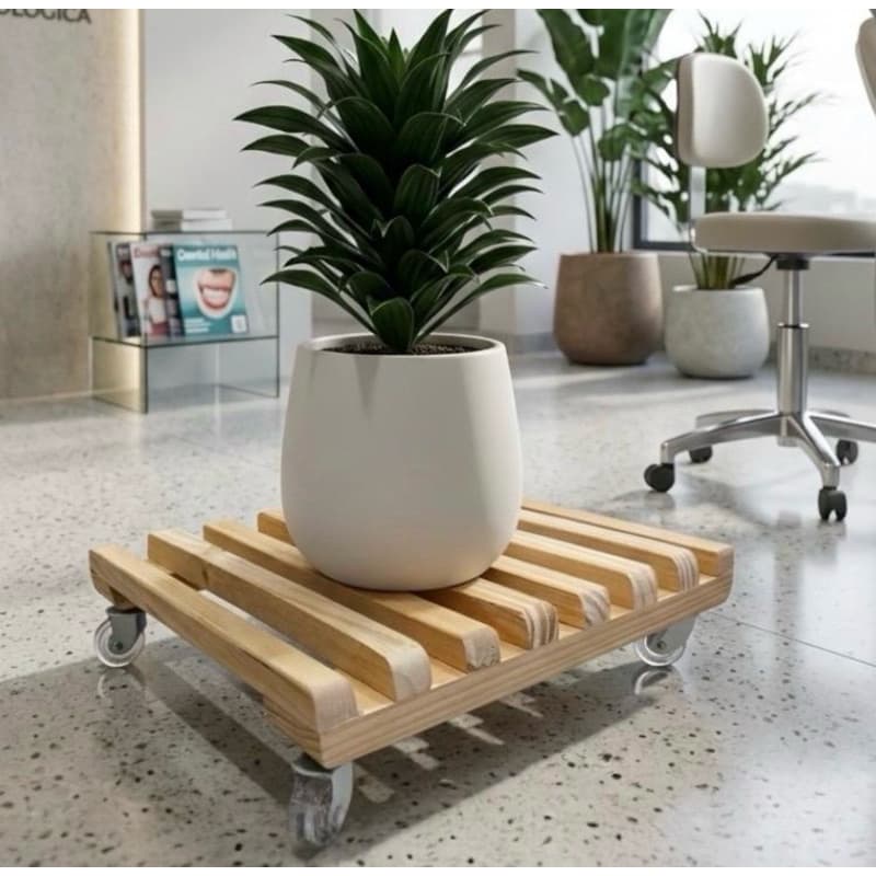 kit Suporte para Vaso com Rodinhas 30x30cm Madeira Resistente até 80kg Carrinho para Plantas fácil de mover Reforçado