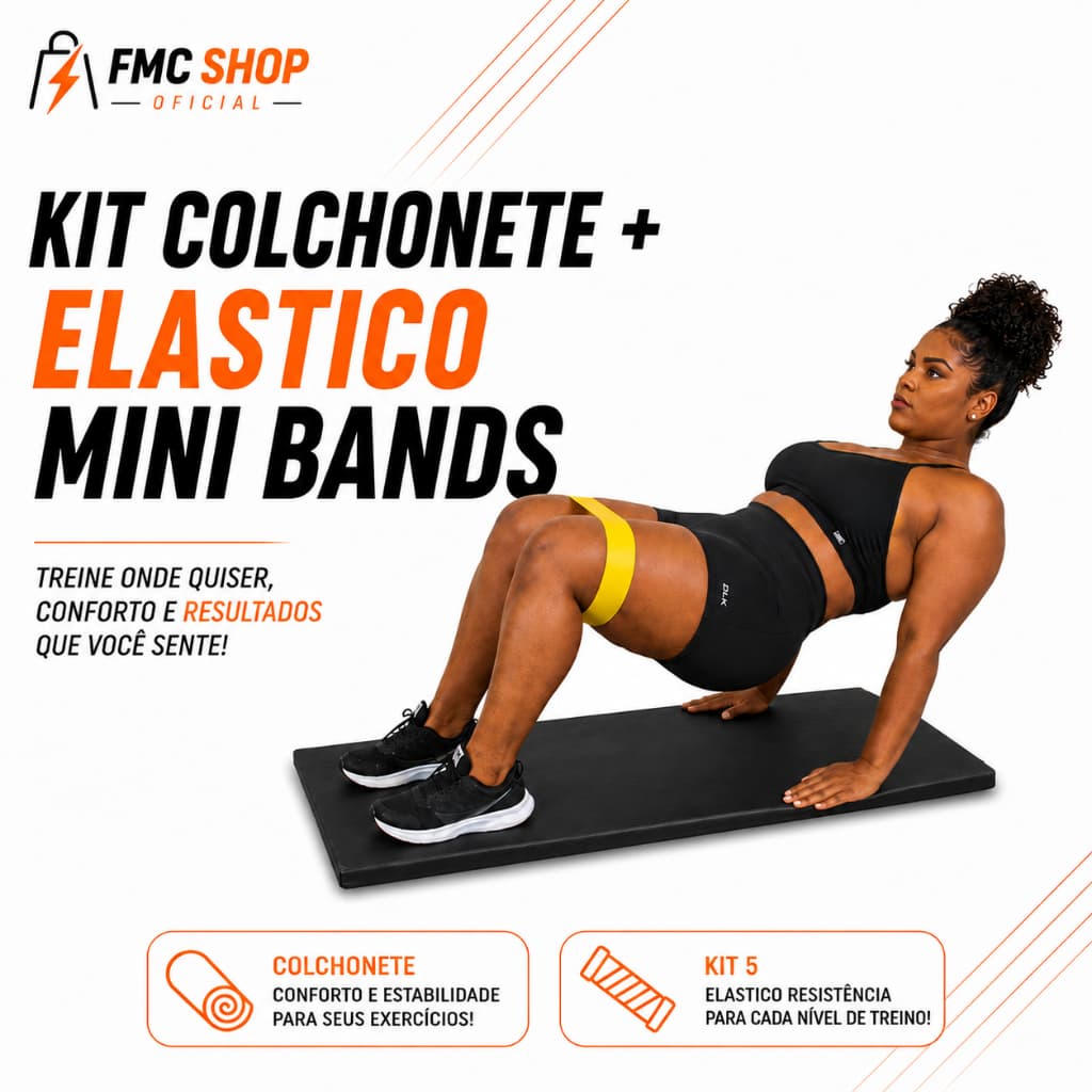 kit Colchonete Cor Preta + 5 Elástico Para Exercício Treino Mini Band