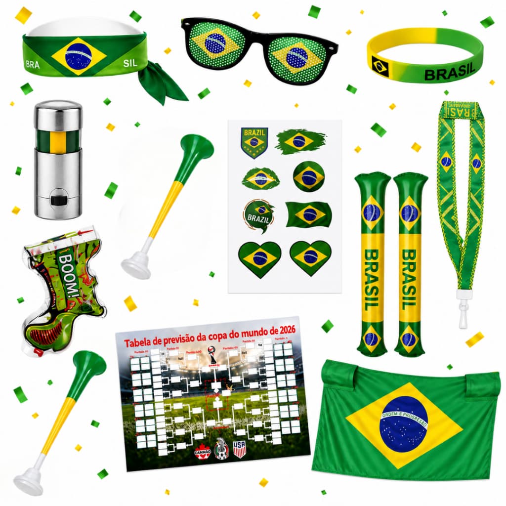 Kit Copa do Mundo Brasil 12 Itens Torcedor Adesivos Pulseira Bandeira Óculos Brasileiros Nação