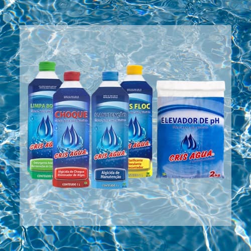 KIT 1 CLARIFICANTE 1L - 1 MANUTENÇÃO 1L - 1 LIMPA BORDA 1L - 1 CHOQUE 1L - 1 ELEVADOR DE pH 2KG (CRIS ÁGUA)