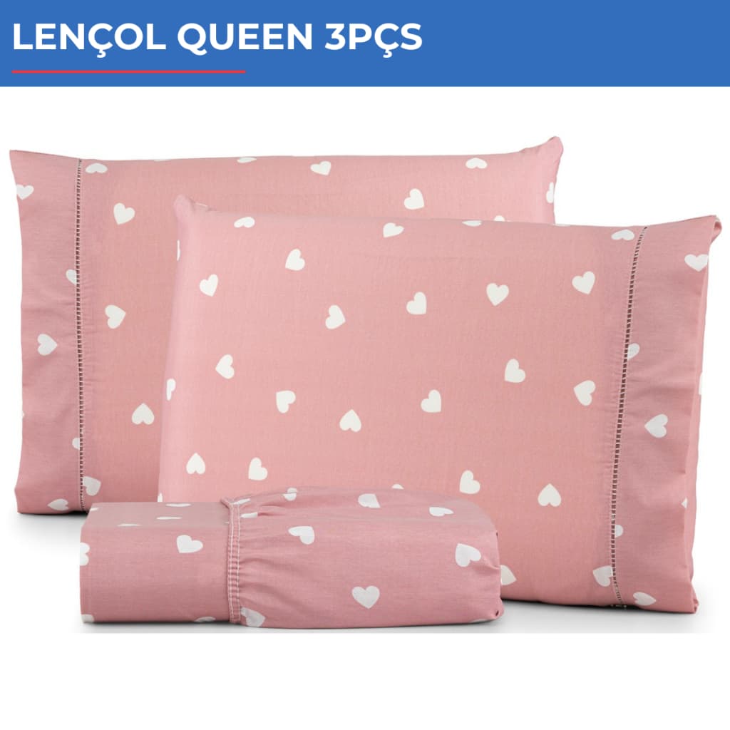 Jogo De Lençol Queen 3pçs Estampado 300 Fios C/ Elástico Corações Brancos