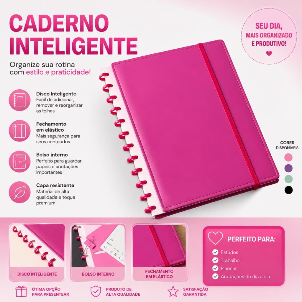 Caderno de Discos A4 Premium Elástico Planner Organizador Reposicionável para Estudos e Trabalho Pink