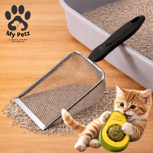 Pá de Areia Coletora e Brinquedo Opcional Pet, Gato Cachorro Aço Inox, Caixa de Areia Higiênica.