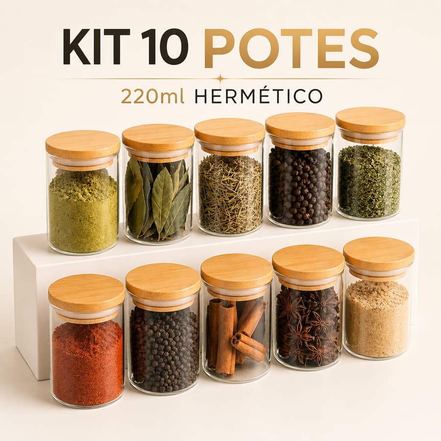 Kit 10 Potes Temperos Mantimentos Vidro Tampa De Bambu 200ml