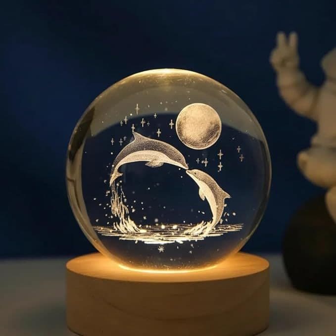 Luminária Bola de Cristal 3D Golfinho LED Base de Madeira Decoração