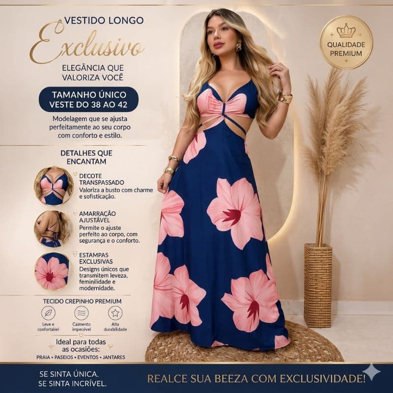 Vestido Longo Feminino Estampado Decote Ajustável Moda Verão Elegante Tendência
