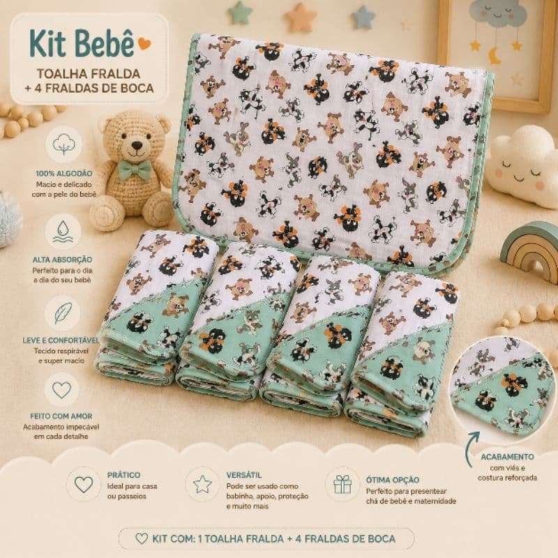 Kit Bebê Toalha Fralda + 4 Fraldas de Boca | 100% Algodão Estampa Divertida
