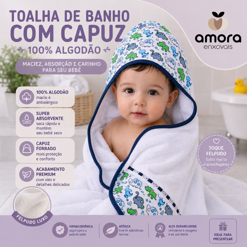 Toalha de Banho Bebê com Capuz 100% Algodão Felpuda Atoalhada Luxo Super Absorvente