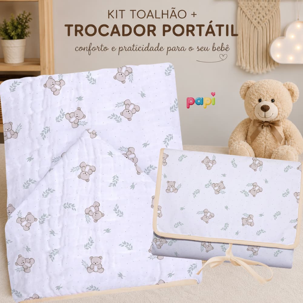Kit Toalhão Bebê 100% Algodão 3 Camadas Mais Trocador Portatil Bebe Impermeável Com Bolso Lateral Papi