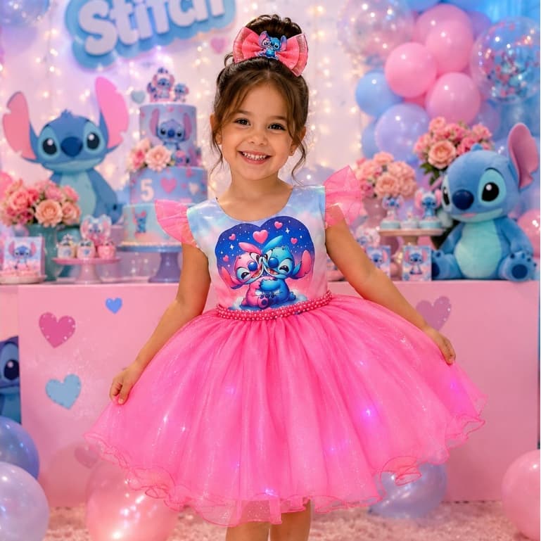 Vestido Stitch Infantil Neon Festa Aniversário Pisca Led 3 Fases Rosa para Meninas de 1 a 12 anos