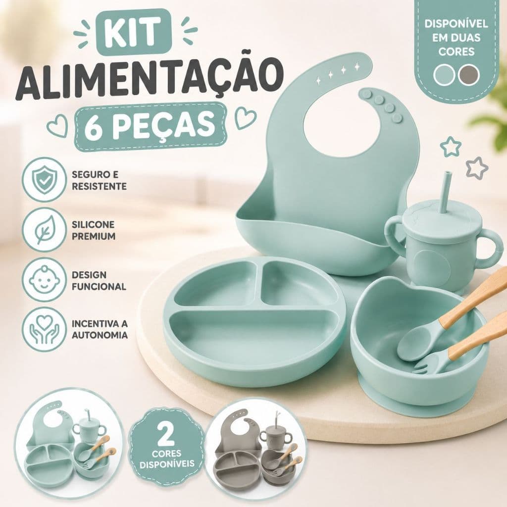 kit 06 peças de silicone talheres, prato, copo, tigela e babador kit alimentção introdução alimentar