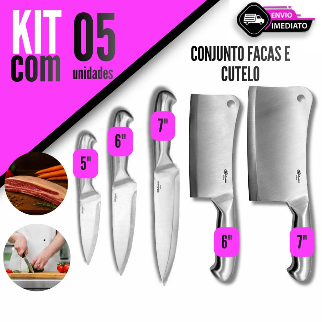 Conjunto 5 Facas 5" 6" 7" e Cutelo 6" 7" Aço Inox Cozinha Churrasco Açougue Chef