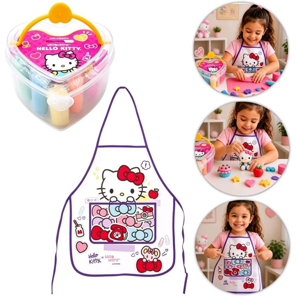 Pote Massinha Modelar e Acessórios Avental Impermeável Hello Kitty