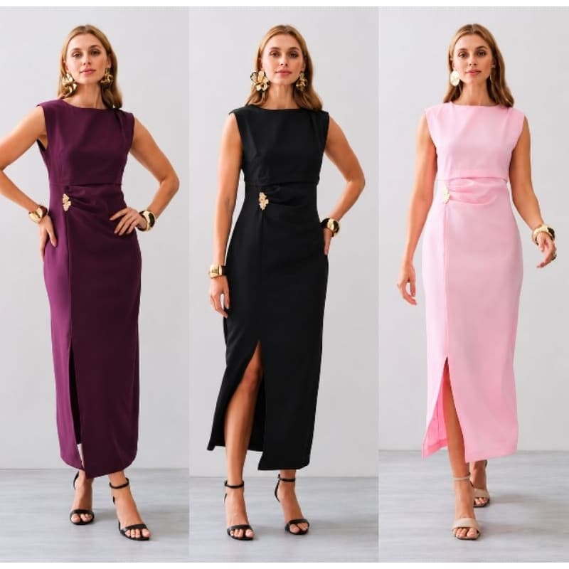 Vestido Midi Feminino Em Alfaiataria Com Detalhe Na Cintura E Fenda Frontal Sofisticado