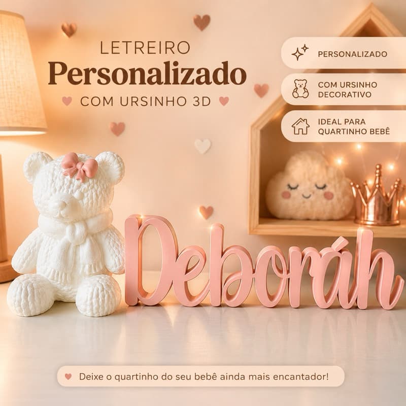 Letreiro Nome Personalizado 3D com Ursinho | Decoração Quartinho Bebê