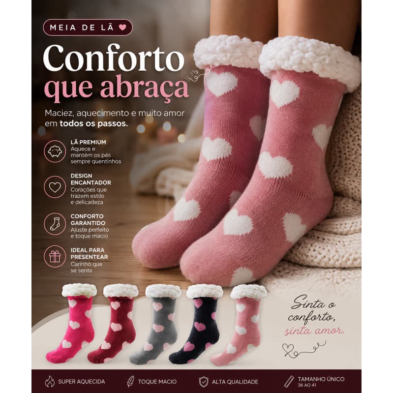 Meia De Lã Pantufa Forrada Unissex Antiderrapante Térmica