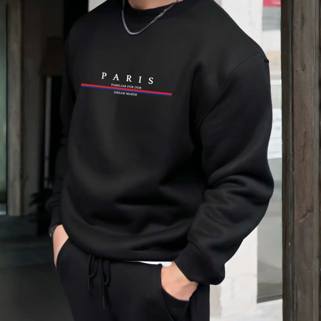Moletom Flanelado Inverno Estilo Urbano Paris Gola Redonda Moda Masculino