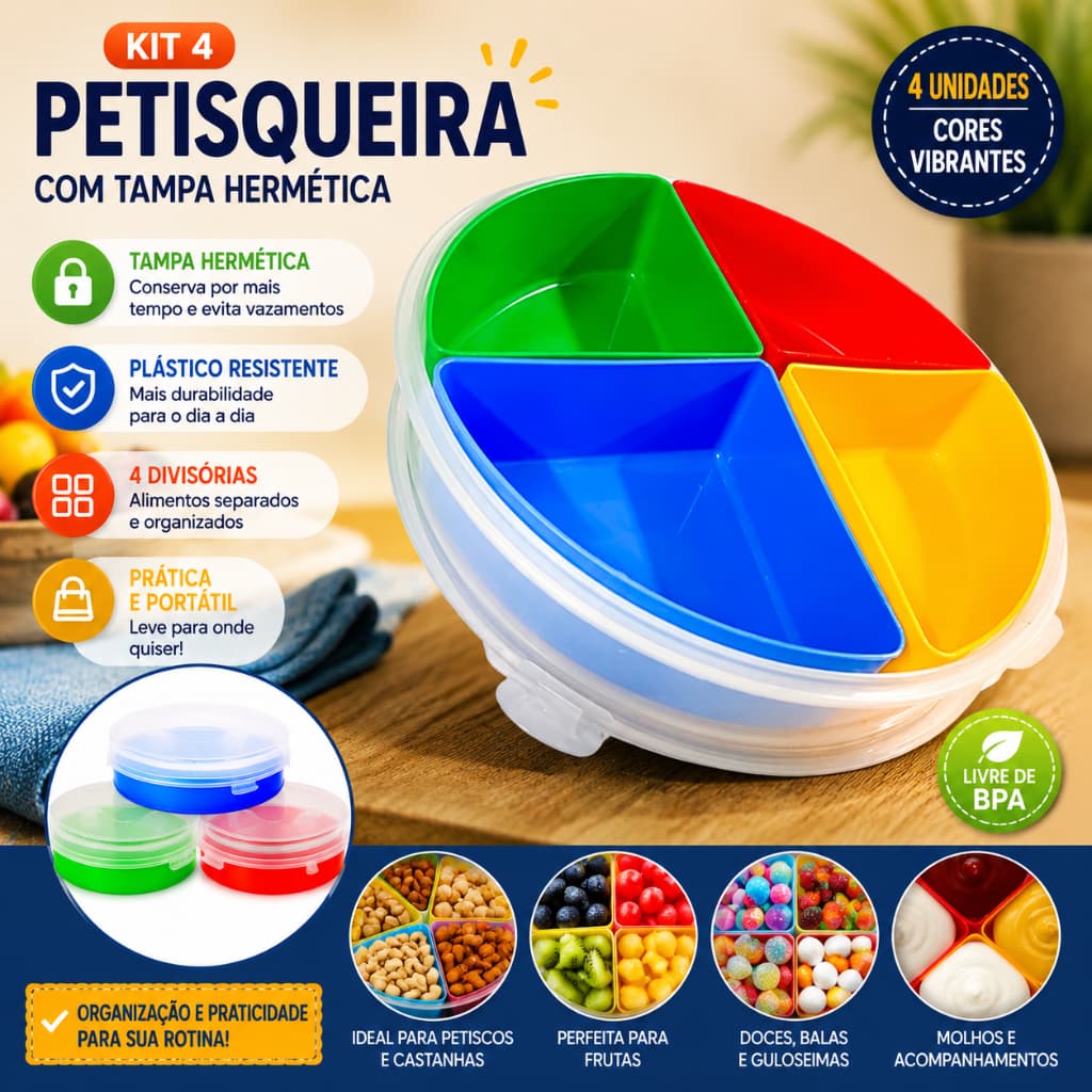 Petisqueira com Tampa Hermética Colorida Plástico Resistente Festa Prática Marmita