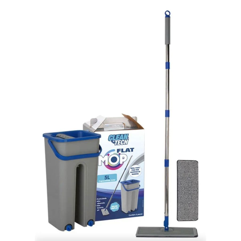Mop Flat Esfregão Com Balde Rodo Mágico Lava Seca Tira Pó + 4 e 1 Refil