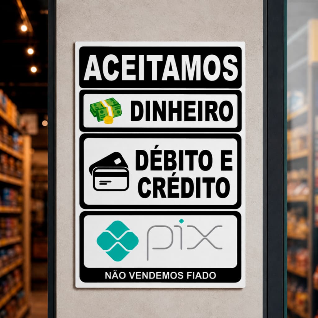 Placa Aceitamos Pix Cartão Dinheiro Débito Crédito PVC 20x15cm PS35 Comércio Loja Balcão