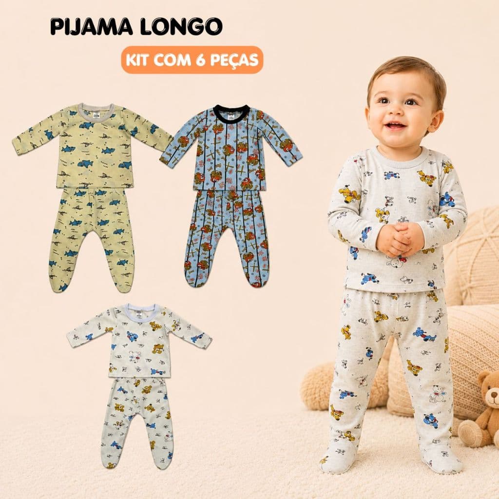 Kit 6 Peças Pijama Mijão Longo Bebê Menino 100% Algodão 3 Conjuntos RN ao GG