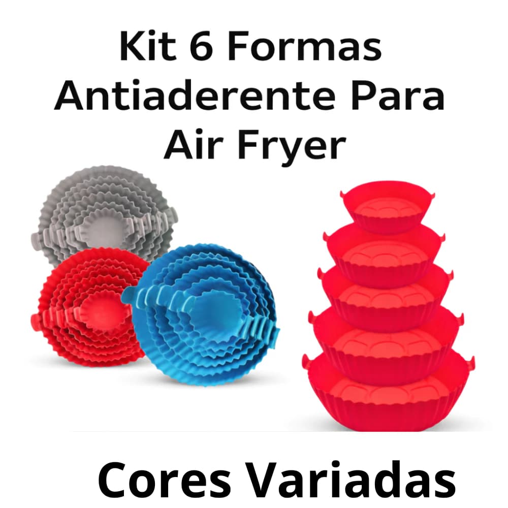 Kit 6 Formas Airfryer Tamanhos Variados Silicone Antiaderente Microondas Lavável com Alça