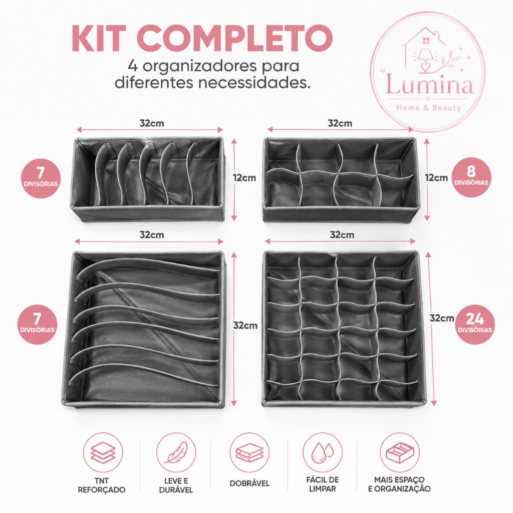 Kit 4 Organizadores Para Gavetas Sortido (Cinza e Bege)