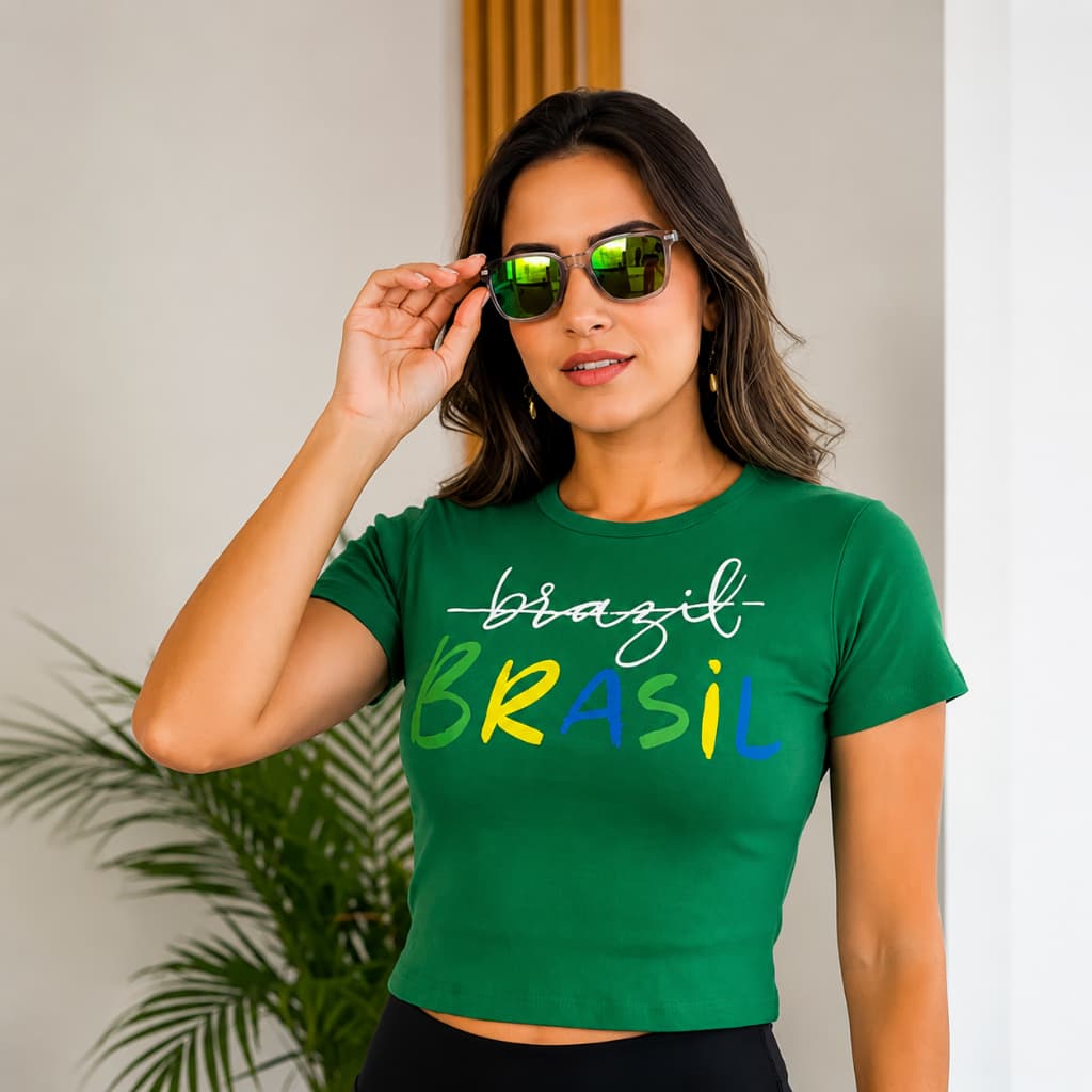 Camiseta Cropped Feminina Brasil Copa do Mundo 2026 Algodao Canelado