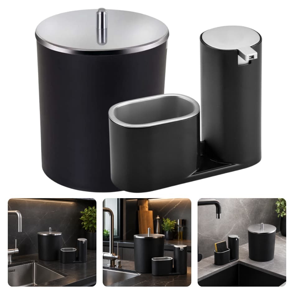 Kit Cozinha Acessório Pia Lixeira 5 Litros Porta Detergente Líquido Preto Cromado Inox