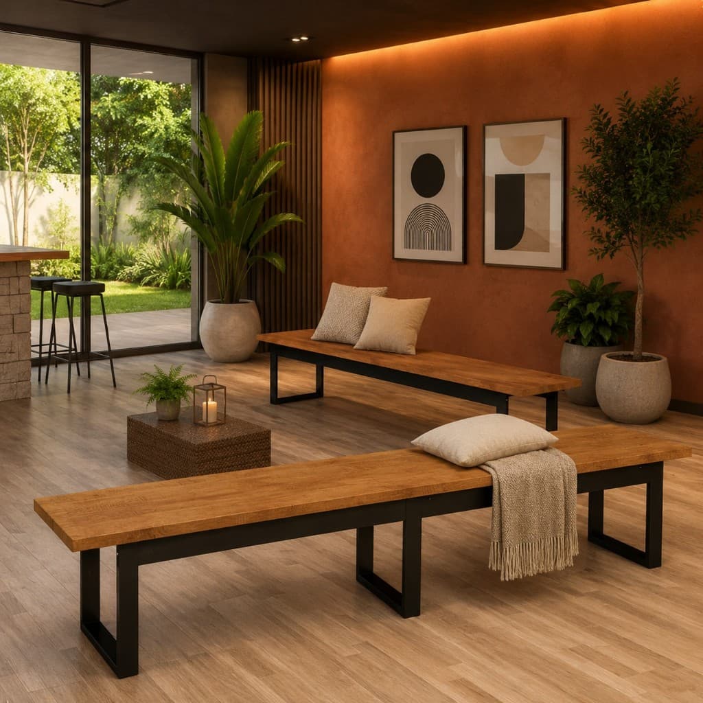 Kit 2 Banco Estilo Industrial 190cm Longo Base Ferro Tampo Em Mdf Sala Hall
