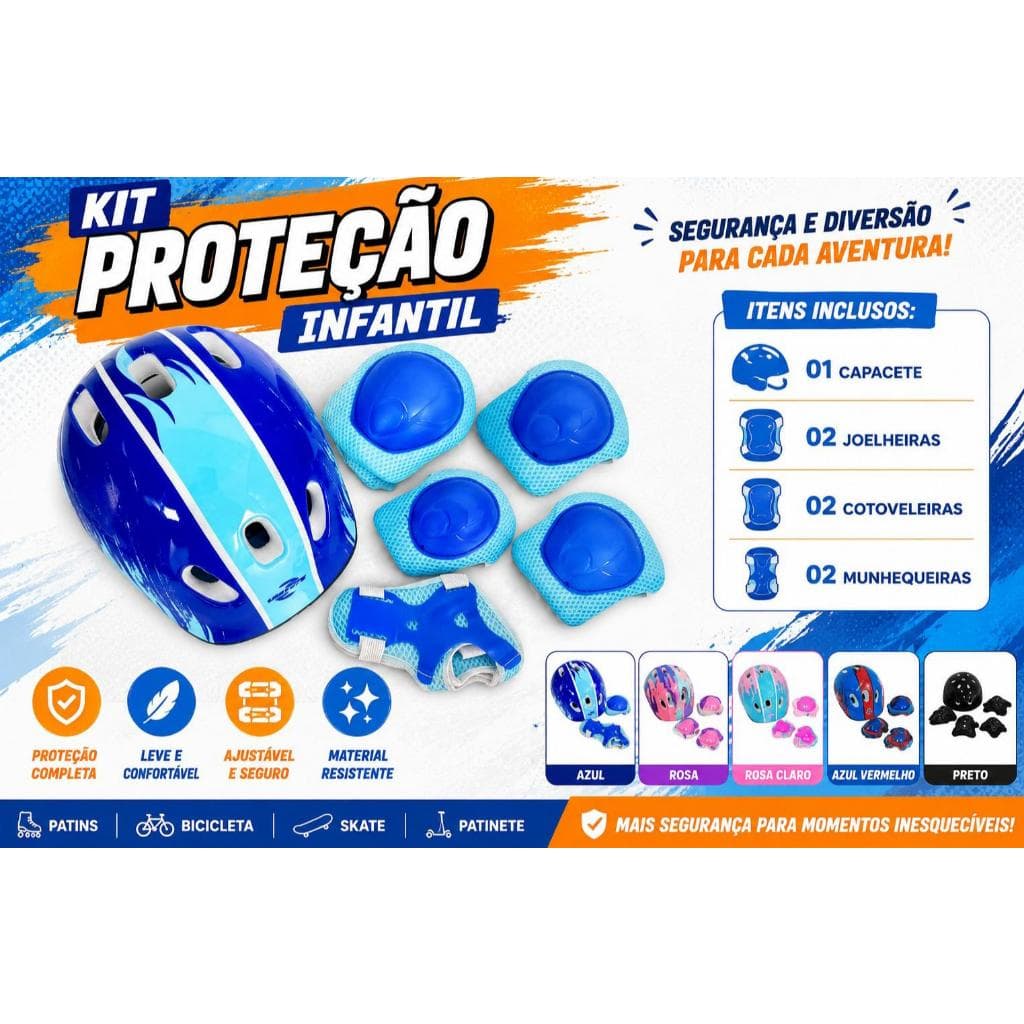 Kit Proteção e capacete Infantil Completo 7 peças Segurança e Diversão Aventuras