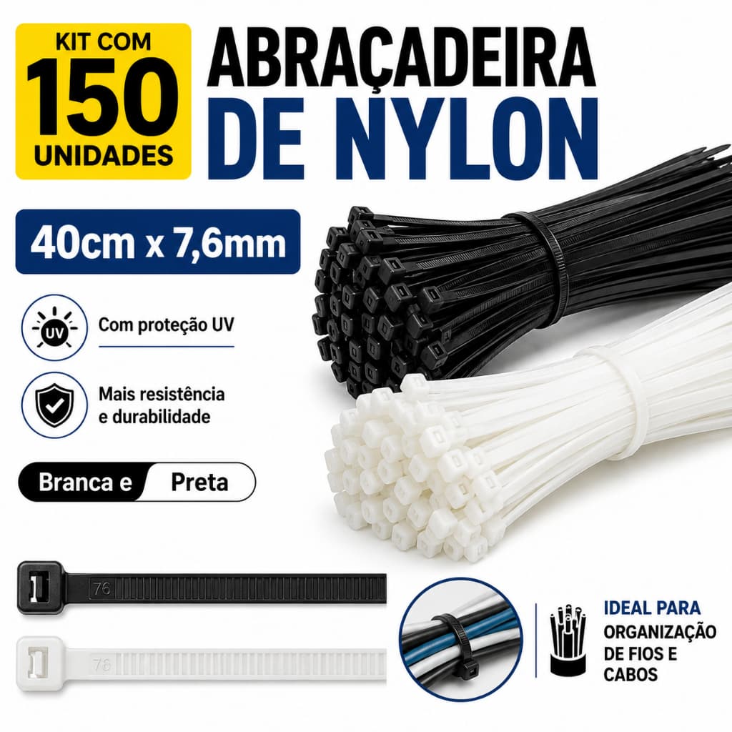 Kit Abraçadeira de Nylon 40cm x 7,6mm 50 100 ou 150 Unidades Branca ou Preta Enforca Gato Cinta Plástica Super Resistent