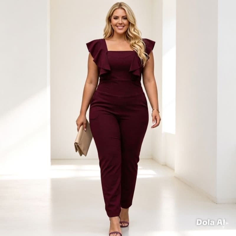 Macacão Plus Size Luxo Babado Ombro Pantalona Cintura Alta Moda Festa