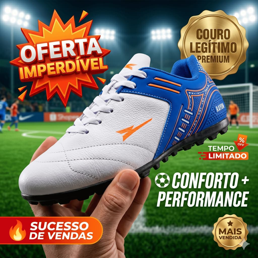 Chuteira em Couro Legitimo Futebol Campo Society - Resistente Costurada - Original R121-07