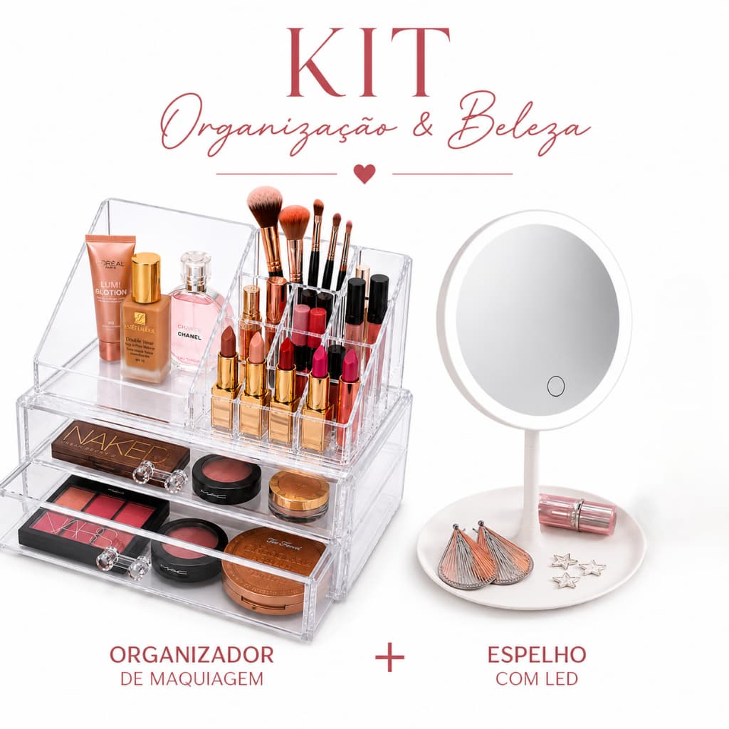 Kit Espelho LED Portátil + Organizador de Maquiagem Acrílico | Presente Dia dos Namorados Funcional