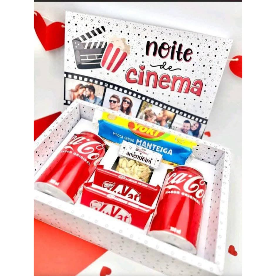 Caixa Noite de Cinema Personalizada🍿❤️com 4 Fotos do Casal Para Presente - Impressione Seu Amor.