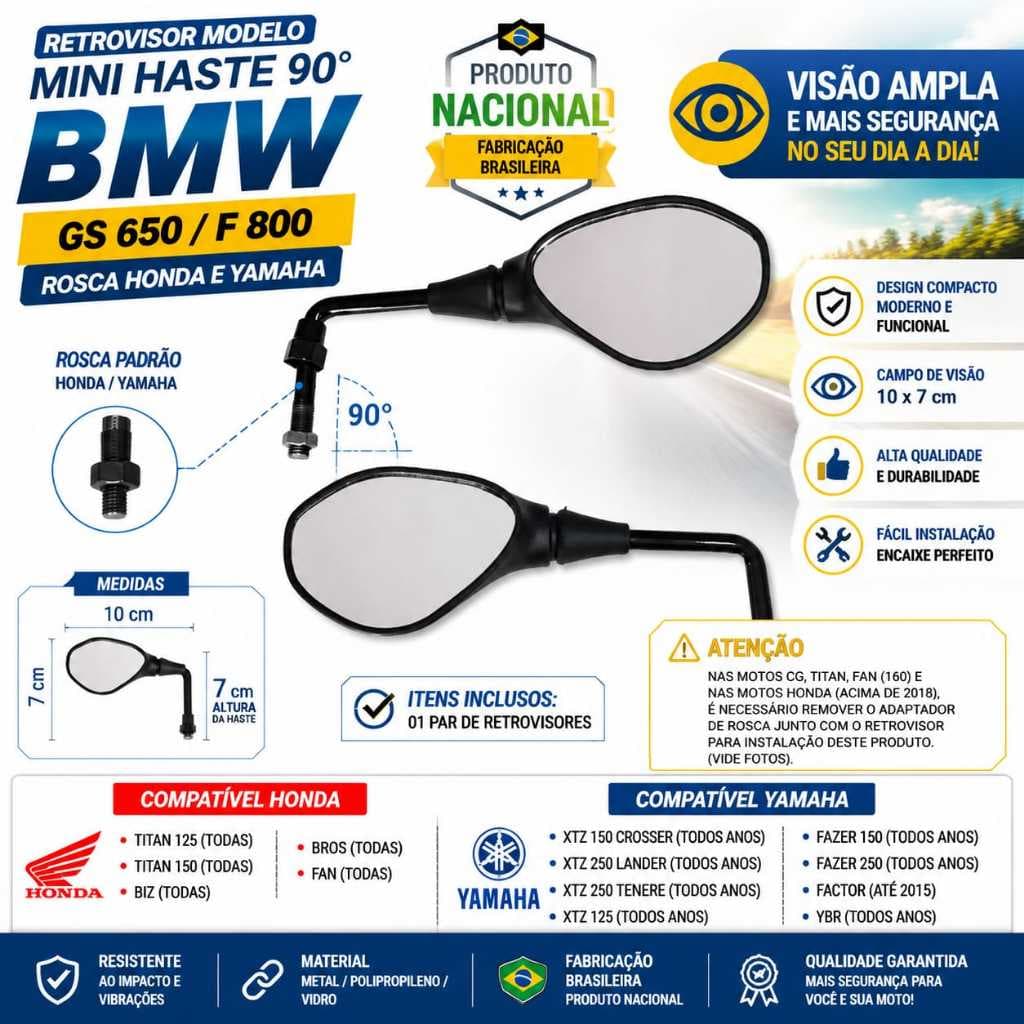 Par Retrovisor Mod.Mini Bmw Gs650 Rebaixado Haste 90°  Honda/Yamaha