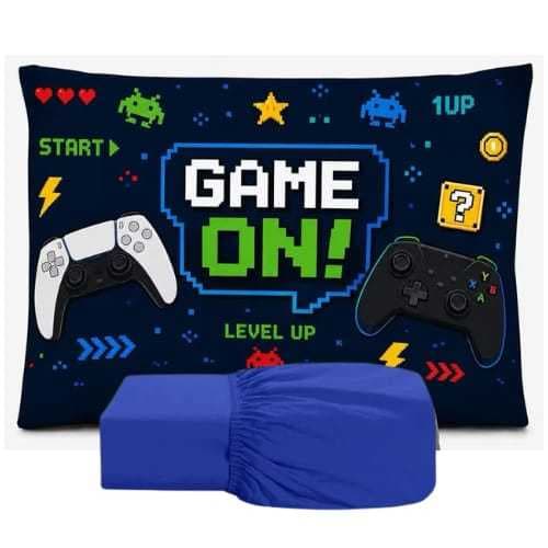JOGO DE LENÇOL SOLTEIRO INFANTIL DE LUXO GAME GAMER FRONHA TRAVESSEIRO, LENÇOL DE ELASTICO