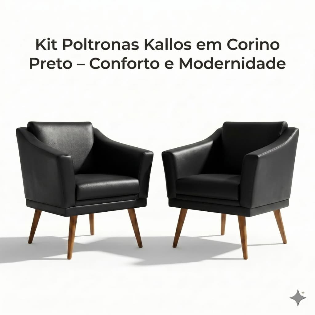Kit 2 Poltronas Kallos Preto Corino Moderna Decorativa Luxo