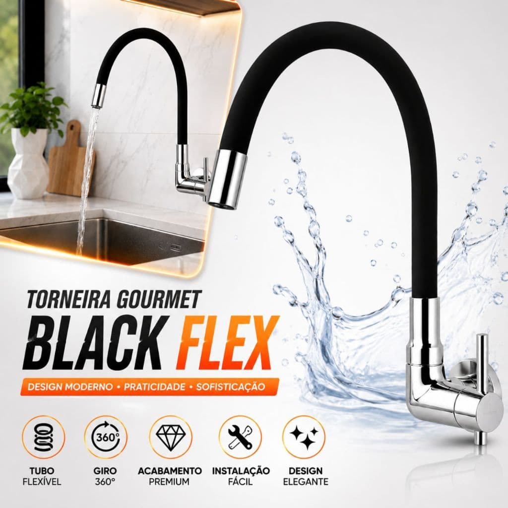 Torneira Gourmet Cozinha Parede Cano Flexível Silicone Luxo Preta, Vermelha ou Branca 360°