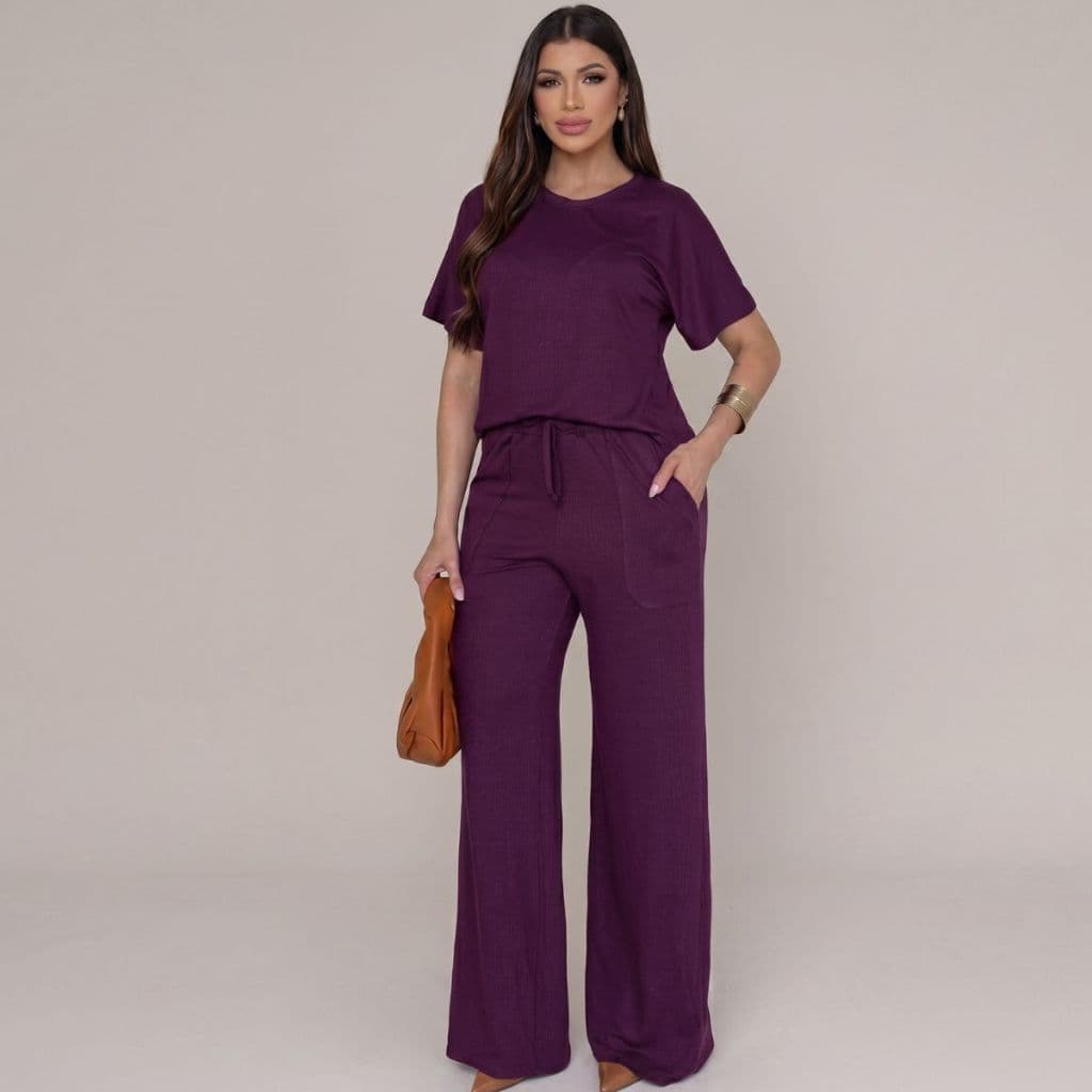 Conjunto Moletinho Feminino Calça Pantalona E Blusa Casual Vicenza Mel Liso Ótimo - Envio Imediato