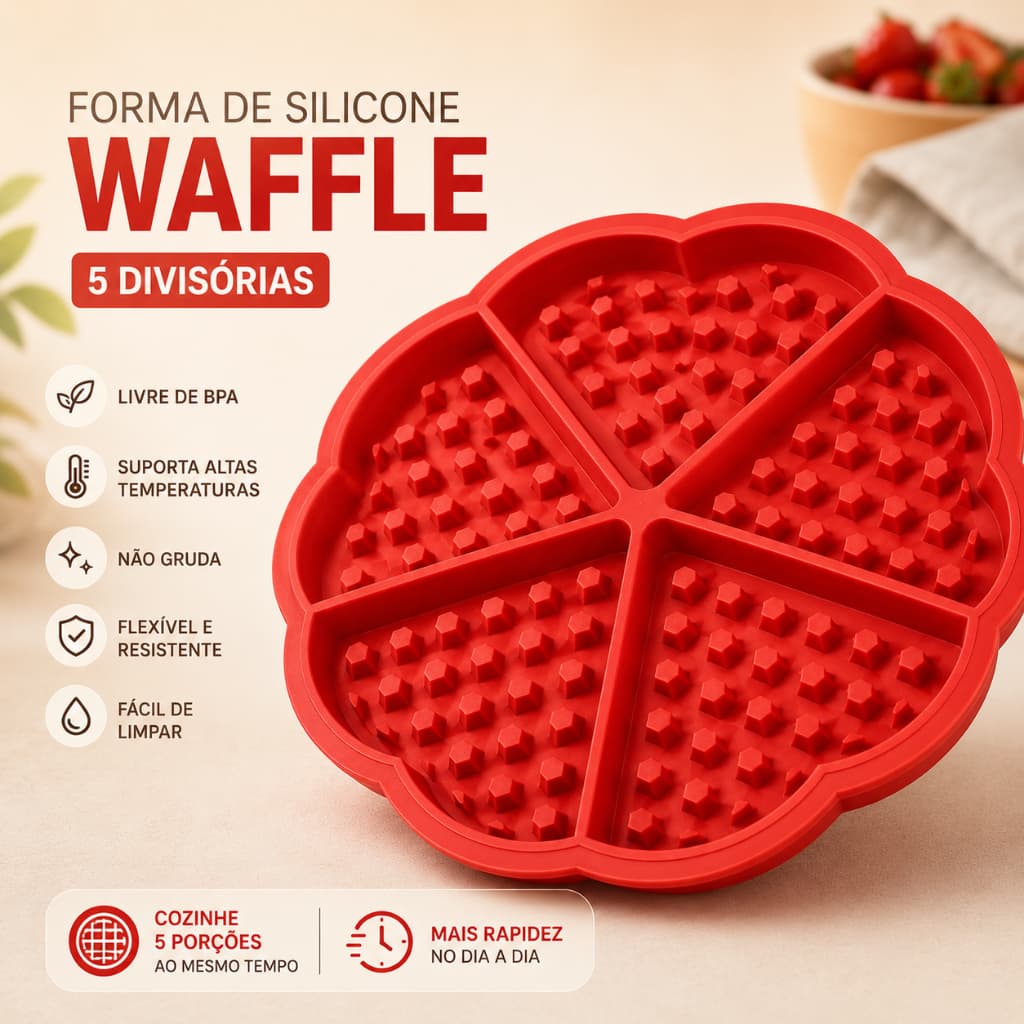 Forma de Silicone Waffle 5 Divisórias Antiaderente para Panqueca Ovo e Forno - Sortido