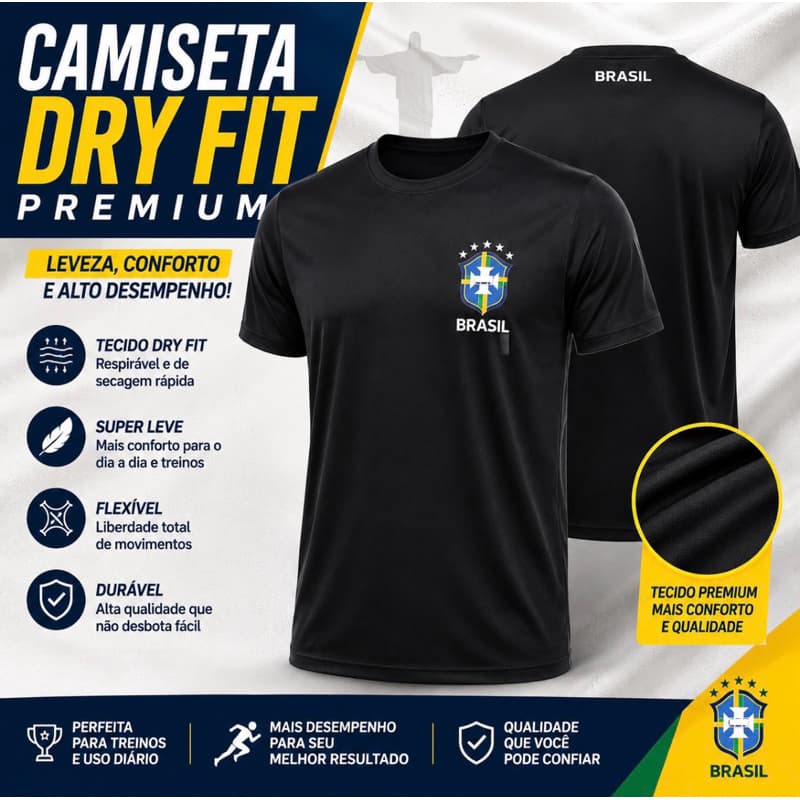 Camiseta Dry Copa Brasil Tecnologia Anti Suor UV50+ Anti Odor Academia Casual