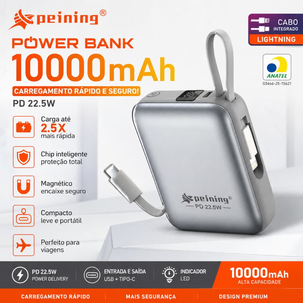 Power Bank 10000mAh PD 22.5W Carregamento Rápido com Cabo Lightning Integrado Portátil
