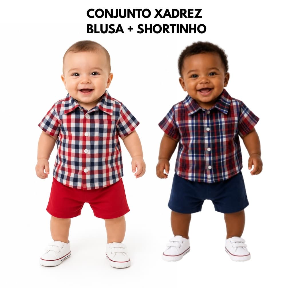 Conjunto Infantil Xadrez Bebê Camisa Social e Shortinho Menino