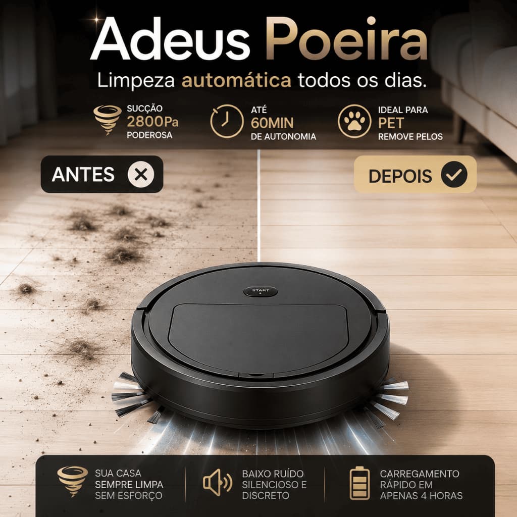 Robô Aspirador Inteligente AeroVita Prime™ 2800Pa Sem Fio Compacto Remove Pelos Poeira Limpeza Automática Casa Pet 110V